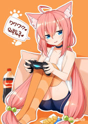 Rule 34 | 1girl, ahoge, animal ear fluff, animal ears, asymmetrical legwear, bad id, bad pixiv id, bare shoulders, bike shorts, black neckwear, blue eyes, blue shorts, blush, cat ears, chips (food), choker, cola, collarbone, commentary, controller, flat chest, food, game controller, green hairband, hair between eyes, hair bobbles, hair ornament, hairband, hinata channel, holding, holding controller, jitome, korean text, legs together, long hair, looking at viewer, macchiato (jae-min cho), mismatched legwear, nekomiya hinata, no shoes, orange background, orange thighhighs, outline, pillow, pink hair, playing games, playstation controller, potato chips, shirt, shorts, sidelocks, simple background, sitting, solo, speech bubble, striped clothes, striped thighhighs, tank top, thighhighs, twintails, twitter username, very long hair, virtual youtuber, white outline, white shirt