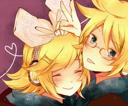 Rule 34 | 1boy, 1girl, :p, bad id, bad pixiv id, blonde hair, blue eyes, blush, brother and sister, glasses, hair ribbon, headphones, kagamine len, kagamine rin, komine, lowres, portrait, ribbon, short hair, siblings, smile, tongue, tongue out, twins, v, vocaloid