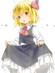 Rule 34 | 1girl, bad id, bad pixiv id, blonde hair, chestnut mouth, curtsey, hair ribbon, long sleeves, mozuku0613, open mouth, red eyes, ribbon, rumia, shirt, skirt, skirt set, solo, touhou, vest