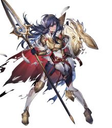 Rule 34 | 1girl, alternate costume, arm guards, armor, armored boots, belt, blue eyes, blue hair, bodysuit, bodysuit under clothes, boots, breastplate, broken armor, broken shield, cape, closed mouth, facial scar, feather trim, feathers, fire emblem, fire emblem awakening, fire emblem heroes, full body, garter straps, gloves, gold trim, highres, holding, holding shield, holding weapon, jewelry, lips, long hair, looking away, lucina (brave princess) (fire emblem), lucina (fire emblem), mizutama (mao11260510), multiple belts, nintendo, non-web source, official art, polearm, ribbed bodysuit, scar, scar on cheek, scar on face, shield, shoulder armor, skin tight, solo, spear, tiara, torn clothes, transparent background, turtleneck, weapon