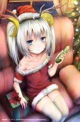 Rule 34 | 1girl, ahoge, antlers, bad id, bad pixiv id, bare shoulders, blue eyes, box, couch, dress, from above, gift, gift box, ginhaha, hat, horns, long hair, looking at viewer, off-shoulder dress, off shoulder, original, red dress, santa hat, silver hair, sitting, solo, thighhighs, twintails, white thighhighs, zettai ryouiki