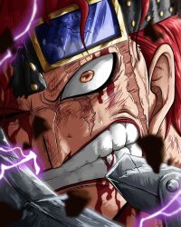 Rule 34 | 1boy, bbdbg03, blood, blood from mouth, blood on face, bloody tears, brown eyes, clenched teeth, eustass kid, goggles, highres, looking at viewer, one eye closed, one piece, portrait, red hair, scar, scar across eye, scar on face, teeth