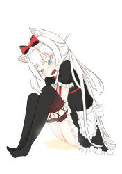 Rule 34 | 1girl, absurdres, animal ear fluff, animal ears, apron, aqua eyes, azur lane, back bow, between legs, black dress, black thighhighs, blush, bow, bowtie, cat ears, dress, drooling, embarrassed, female focus, flat chest, frilled dress, frills, from side, full body, hair bow, half-closed eyes, hammann (azur lane), hand between legs, have to pee, highres, knees up, long hair, looking down, maid, maid apron, maid headdress, nose blush, open mouth, peeing, peeing self, puddle, red bow, red bowtie, saliva, short sleeves, simple background, sitting, solo, steam, striped bow, striped bowtie, striped clothes, textless version, thighhighs, white background, yunpe ruto