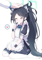Rule 34 | 1girl, absurdres, aris (blue archive), black hair, blue archive, closed eyes, exusiai dust, headpat, highres, long hair, maid, short sleeves, simple background, sitting, smile, solo