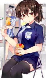 Rule 34 | 10s, 2girls, black legwear, blue eyes, blush, brown eyes, brown hair, chair, commentary request, eating, employee uniform, folding chair, food, food on face, hat, highres, id card, indoors, kaga (kancolle), kantai collection, kashima (kancolle), lawson, multiple girls, rouka (akatyann), side ponytail, silver hair, sitting, thighhighs, two side up, uniform, zettai ryouiki