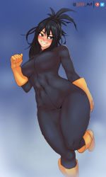 Rule 34 | 1girl, abs, artist name, biitii, black bodysuit, black eyes, black hair, blue background, blush, bodysuit, boku no hero academia, boots, breasts, covered navel, gloves, highres, large breasts, long hair, mature female, mole, mole under mouth, nude, ponytail, shimura nana, smile, solo, thick thighs, thighs, toned, wide hips, yellow gloves
