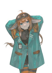 Rule 34 | 1girl, absurdres, aciddrop (afternoon teatime) (arknights), aciddrop (arknights), ahoge, animal ears, arknights, arms behind head, bird ears, black shorts, blue eyes, closed mouth, commentary request, crop top, goggles, goggles on head, green jacket, highres, id card, jacket, jewelry, long hair, long sleeves, looking at viewer, miike (992058), necklace, official alternate costume, orange pantyhose, pantyhose, pantyhose under shorts, rhodes island logo (arknights), ribbed shirt, shirt, shorts, simple background, smile, solo, striped clothes, striped pantyhose, white background