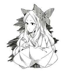 Rule 34 | 1girl, asakaze (kancolle), bow, cropped torso, crossed arms, forehead, fujinoki (horonabe-ken), greyscale, hair bow, japanese clothes, kantai collection, long hair, long sleeves, meiji schoolgirl uniform, monochrome, sidelocks, simple background, solo, upper body, wide sleeves