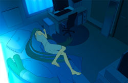 Rule 34 | 1girl, bad id, bad pixiv id, bare shoulders, barefoot, bed, body pillow, capri pants, chair, computer, dakimakura (object), feet, from above, from behind, green hair, hatsune miku, keyboard (computer), long hair, lying, monitor, office chair, on side, pants, pillow, room, solo, spring onion, swivel chair, table, tank top, themed object, twintails, very long hair, vocaloid, yuanmaru