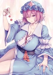 Rule 34 | 1girl, blue hat, blue kimono, breasts, cherry, cleavage, closed mouth, commentary, food, frilled kimono, frills, fruit, hat, highres, holding, holding food, huge breasts, japanese clothes, kimono, large breasts, long sleeves, looking at viewer, mirufui, mob cap, pink hair, purple eyes, saigyouji yuyuko, short hair, solo, touhou, triangle mouth, wide sleeves