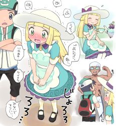 Rule 34 | 1girl, 2boys, @ @, ^ ^, apron, arm up, backpack, bag, baseball cap, black footwear, black pants, blonde hair, blouse, blue-tinted eyewear, blue apron, blue dress, blue male swimwear, blunt bangs, blush, bow, braid, clenched hand, closed eyes, closed mouth, collarbone, collared dress, creatures (company), cropped legs, crossed arms, cup, dark-skinned male, dark skin, dress, embarrassed, flat chest, flexing, from above, from behind, full body, game freak, gen 8 pokemon, goggles, green eyes, green headwear, grey eyes, grey hair, half-closed eyes, hand on own chin, hand up, happy, hat, hat bow, have to pee, holding, holding cup, japanese text, legs together, lillie (pokemon), lillie (special costume) (pokemon), long hair, looking down, male swimwear, matching hair/eyes, multiple boys, multiple views, nintendo, nose blush, official alternate costume, open mouth, own hands together, pants, pantyhose, pee, peeing, peeing self, pocket, poke ball symbol, poke ball theme, pokemon, pokemon (creature), pokemon masters ex, polteageist, puddle, pumpkinpan, purple bow, scottie (pokemon), shirt, shoes, short hair, short sleeves, sidelocks, sitting, smile, speech bubble, standing, straight-on, stroking own chin, sun hat, swim cap, swim trunks, swimmer (pokemon), talking, teacup, teapot, tears, tinted eyewear, topless male, translation request, trembling, v arms, vest, white-framed eyewear, white headwear, white pantyhose, white shirt, wide-eyed, yellow eyes