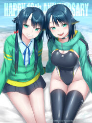 Rule 34 | 2girls, anniversary, awono nanaumi, black one-piece swimsuit, black skirt, black thighhighs, blue hair, blue ribbon, blue shirt, breasts, cleavage, collared shirt, commentary request, competition swimsuit, cowboy shot, dual persona, fukami nana (awono nanaumi), green eyes, green jacket, grin, hair flaps, highleg, highleg swimsuit, highres, jacket, large breasts, long hair, long sleeves, looking at viewer, multiple girls, neck ribbon, one-piece swimsuit, original, pleated skirt, ribbon, shirt, short hair, sidelocks, skirt, smile, swimsuit, thighhighs