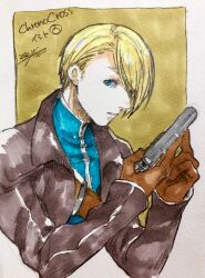 Rule 34 | 1boy, absurdres, blonde hair, blue eyes, blue shirt, brown jacket, chrono cross, commentary request, copyright name, dated, gun, hair over one eye, handgun, highres, holding, holding gun, holding weapon, jacket, male focus, norris (chrono cross), parted lips, shirt, short hair, signature, solo, tokio (okt0w0), traditional media, upper body, weapon