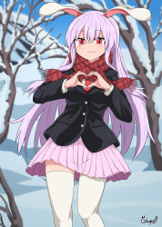 Rule 34 | 1girl, animal ears, blazer, blue sky, blurry, blurry background, buttons, chups, closed mouth, heart, heart hands, highres, jacket, long hair, looking at viewer, necktie, outdoors, plaid, plaid scarf, pleated skirt, purple hair, purple skirt, rabbit ears, red eyes, red necktie, red scarf, reisen udongein inaba, scarf, signature, skirt, sky, smile, snow, solo, standing, thighhighs, touhou, white thighhighs