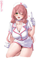 Rule 34 | 1girl, akashi (kancolle), alternate costume, blunt tresses, breasts, choker, cleavage, collarbone, commentary request, cowboy shot, dress, ebifurya, gloves, green eyes, hair ribbon, hat, heart, highres, holding, holding syringe, kantai collection, large breasts, long hair, nurse, nurse cap, one-hour drawing challenge, one eye closed, pink hair, ribbon, solo, syringe, tress ribbon, twitter username, white choker, white dress, white gloves