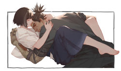 Rule 34 | 2boys, arms around neck, barefoot, black hair, black pants, black shirt, blue pants, border, boy on top, commentary request, couple, cropped legs, closed eyes, highres, knees up, kuro the divine heir, lying, male focus, multiple boys, on back, on person, outside border, pants, prosthesis, prosthetic arm, scar, scar across eye, scar on face, sekiro, sekiro: shadows die twice, shirt, short hair, simple background, topknot, vetania, white background, white border, white shirt, yaoi
