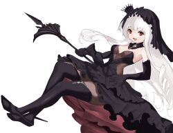 Rule 34 | 1girl, absurdres, azur lane, black dress, black footwear, black gloves, black thighhighs, blunt bangs, breasts, dress, elbow gloves, fishnets, frills, full body, gloves, highres, holding, kesseil, long hair, looking at viewer, open mouth, queen elizabeth (azur lane), queen elizabeth (meta) (azur lane), red eyes, simple background, small breasts, solo, thighhighs, veil, white background, white hair