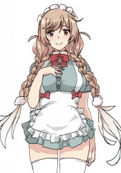 Rule 34 | 1girl, alternate costume, apron, braid, breasts, cloud hair ornament, dora v nu, dress, enmaided, frilled apron, frills, gradient hair, grey dress, kantai collection, large breasts, light brown hair, long hair, looking at viewer, low twin braids, maid, minegumo (kancolle), multicolored hair, red eyes, red neckwear, simple background, solo, standing, suspenders, thighhighs, twin braids, white apron, white background, white thighhighs
