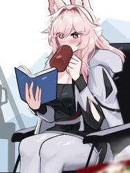 Rule 34 | 1girl, animal ears, arknights, blush, book, breasts, chair, cleavage, commentary, cup, feet out of frame, grey pants, hair intakes, hairband, highres, holding, holding book, holding cup, large breasts, leggings, long hair, long sleeves, mug, pants, pink eyes, pink hair, pozyomka (arknights), pozyomka (snowy plains in words) (arknights), sitting, solo, thighs, tofudofu, white hairband, wolf ears
