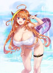Rule 34 | 1girl, :d, absurdres, ahoge, ark survival evolved, bikini, braid, breasts, cleavage, commentary request, dragon girl, dragon horns, dragon tail, fang, hairband, highres, hololive, horns, huge breasts, kiryu coco, kiyama satoshi, long hair, looking at viewer, open mouth, orange hair, red eyes, smile, solo, swimsuit, tail, thigh strap, v, very long hair, virtual youtuber, white bikini