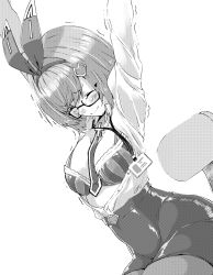 Rule 34 | 1girl, arms up, ash arms, b-kyuu ocha, between breasts, bf 109 e4 (ash arms), bob cut, bra, breasts, bursting breasts, chair, closed mouth, commentary, cross, cross necklace, dress shirt, dutch angle, glasses, greyscale, hair ornament, hair ribbon, halftone, high-waist skirt, highres, id card, jewelry, lanyard, long sleeves, medium breasts, miniskirt, monochrome, necklace, necktie, office chair, office lady, pantyhose, partially unbuttoned, pencil skirt, ribbon, semi-rimless eyewear, shirt, short hair, sitting, skirt, smile, solo, stretching, striped bra, striped clothes, swivel chair, trembling, under-rim eyewear, underwear, wardrobe malfunction, wing collar