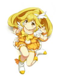 Rule 34 | 10s, 1girl, arm support, bike shorts, bike shorts under skirt, blonde hair, bow, cure peace, earrings, hair flaps, highres, jewelry, kise yayoi, long hair, magical girl, md5 mismatch, precure, ribbon, shorts, shorts under skirt, skirt, smile, smile precure!, solo, utamaru (konomix), v, wide ponytail, yellow bow, yellow eyes, yellow shorts, yellow skirt, yellow theme