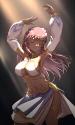 Rule 34 | 1girl, alice gear aegis, arms up, as4gi, breasts, choker, closed eyes, dancer, dancing, dark skin, detached sleeves, fatima betrorum, harem outfit, highres, jewelry, large breasts, long hair, navel, necklace, pink hair, signature, solo, thighlet