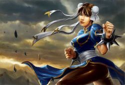 Rule 34 | 1girl, alayna lemmer, bracelet, brown eyes, brown hair, bun cover, capcom, china dress, chinese clothes, chun-li, double bun, dress, fighting stance, jewelry, pantyhose, pelvic curtain, short hair, solo, spiked bracelet, spikes, street fighter