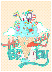 Rule 34 | 2014, animal focus, aqua outline, artist name, bear, bird, border, candy, cloud, commentary, dripping, english commentary, flag, food, food focus, happy birthday, holding, holding umbrella, holding wand, hollabikki, ice cream, ice cream cone, leaning to the side, lollipop, mint chocolate, no humans, on chair, original, penguin, polar bear, polka dot, polka dot background, puddle, rabbit, sitting, sparkle, star (symbol), star wand, swan, swirl lollipop, umbrella, wand, white border, yellow background
