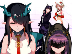 Rule 34 | 4girls, animal ears, arknights, blush, china dress, chinese clothes, demon girl, demon horns, dog ears, dog girl, dragon horns, dress, dusk (arknights), eye mask, folding fan, hand fan, hood, horns, lava (arknights), lava sheny, lava the purgatory (arknights), multiple girls, nian (arknights), nian (unfettered freedom) (arknights), official alternate costume, pointy ears, saga (arknights), siblings, sisters