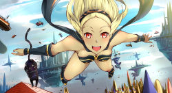 Rule 34 | 1girl, artist request, blonde hair, breasts, cat, city, gravity daze, hairband, highres, kitten (gravity daze), looking at viewer, midair, open mouth, red eyes, smile, tan