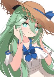 Rule 34 | 1girl, absurdres, black ribbon, blush, breasts, cleavage, commentary, dress, frills, green eyes, green hair, hair between eyes, hair flaps, hair ornament, hair ribbon, hairclip, hat, highres, kantai collection, kokamori, long hair, looking at viewer, ponytail, ribbon, smile, solo, straw hat, sun hat, sundress, upper body, white background, yamakaze (kancolle)