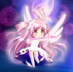 Rule 34 | 10s, 1girl, angel wings, blush, boots, bow, bow (weapon), chestnut mouth, chibi, dress, gloves, hair bow, kaname madoka, long hair, mahou shoujo madoka magica, mahou shoujo madoka magica (anime), neopure, orange eyes, pink footwear, pink hair, shoes, solo, spoilers, thighhighs, ultimate madoka, very long hair, weapon, white dress, winged footwear, wings