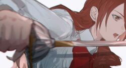 Rule 34 | 1girl, biiko (king1015g), blurry, blurry foreground, bow, bowtie, collared shirt, fighting stance, from side, hair over one eye, highres, holding, holding sword, holding weapon, kirijou mitsuru, long hair, long sleeves, open mouth, persona, persona 3, profile, rapier, red bow, red bowtie, red eyes, red hair, shirt, simple background, sword, upper body, weapon, white shirt