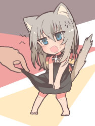 Rule 34 | 10s, 1girl, anger vein, angry, animal ears, barefoot, black dress, blue eyes, bow, cat ears, cat tail, clothes lift, cross, dress, dress lift, dress tug, fang, flag background, flag print, fume, german flag, girls und panzer, highres, iron cross, itsumi erika, kemonomimi mode, lifting another&#039;s clothes, long hair, medium dress, miluke, mini person, minigirl, multicolored bow, open mouth, silver hair, standing, tail, tail raised