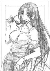 Rule 34 | 1girl, absurdres, breasts, casual, unworn eyewear, facial mark, fate/extra, fate/extra ccc, fate/grand order, fate (series), forehead mark, greyscale, half-closed eyes, highres, holding, holding removed eyewear, kojima takeshi, large breasts, long hair, monochrome, sessyoin kiara, smile, solo, sunglasses, traditional media