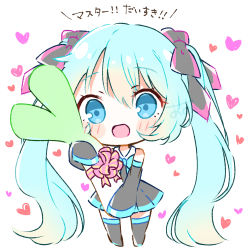 Rule 34 | 1girl, :d, absurdres, aobahosino, aqua hair, bare shoulders, black ribbon, black skirt, black sleeves, black thighhighs, blue eyes, blush stickers, chibi, detached sleeves, food, full body, hair between eyes, hair ribbon, hatsune miku, heart, heart background, highres, holding, holding food, holding spring onion, holding vegetable, legs apart, long hair, looking at viewer, no nose, open mouth, pleated skirt, ribbon, simple background, skirt, sleeveless, sleeves past fingers, sleeves past wrists, smile, solo, spring onion, standing, tareme, thighhighs, twintails, vegetable, very long hair, vocaloid, white background, wide-eyed, wide sleeves, zettai ryouiki
