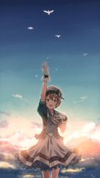 Rule 34 | 10s, 1girl, arm up, beret, bird, blue shirt, bow, bowtie, braid, buttons, cloud, commentary request, dress, frills, gloves, green eyes, hand on own chest, hat, highres, idolmaster, idolmaster million live!, jewelry, light brown hair, looking at viewer, musical note, necklace, open mouth, puffy short sleeves, puffy sleeves, ribbon, sakuramori kaori, shirt, short sleeves, side braid, sky, smile, solo, sparkle, swept bangs, twilight, white dress, white gloves, white hat, yuuki tatsuya