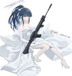 Rule 34 | 1girl, absurdres, black hair, blue archive, blue eyes, blue hair, blue halo, breasts, choker, cleavage, closed mouth, colored inner hair, dated, dress, elbow gloves, gloves, guangsupaomian, gun, halo, high heels, highres, holding, holding gun, holding weapon, large breasts, long hair, multicolored hair, official alternate costume, saori (blue archive), saori (dress) (blue archive), signature, simple background, solo, thighhighs, weapon, white background, white choker, white dress, white footwear, white gloves, white thighhighs