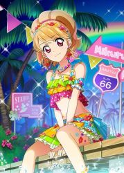 Rule 34 | 1girl, aikatsu!, aikatsu! (series), aikatsu! photo on stage!!, anklet, beads, between legs, blonde hair, bow, bush, character name, flower, hand between legs, hibiscus, jewelry, multicolored clothes, multicolored hair, natsuki mikuru, necklace, night, night sky, palm tree, pink eyes, ponytail, rainbow, road sign, route 66, sign, sitting, sky, sleeveless, star (symbol), streaked hair, tree, water, water drop, yellow bow