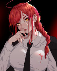 Rule 34 | 1girl, black coat, black necktie, blood, blood on clothes, blood on face, braid, braided ponytail, chainsaw man, coat, coat on shoulders, collared shirt, gradient background, halo, head removed, light smile, long hair, looking at viewer, makima (chainsaw man), necktie, prodviks, red hair, red halo, ringed eyes, shirt, sidelocks, solo, white shirt, yellow eyes