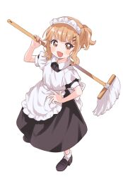 Rule 34 | 1girl, alternate hairstyle, apron, arm up, back bow, black dress, black footwear, bobby socks, bow, brown eyes, collared dress, commentary, dress, frilled apron, frills, hair ornament, hairclip, hand on own hip, highres, holding, holding mop, light brown hair, loafers, maid, maid apron, maid headdress, mop, namori, oomuro-ke, oomuro sakurako, open mouth, ponytail, shoes, short sleeves, sidelocks, simple background, sleeve cuffs, smile, socks, solo, v-shaped eyebrows, wavy hair, white apron, white background, white headdress, white socks, yuru yuri