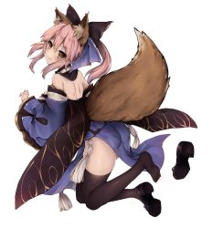 Rule 34 | &gt;:), 10s, 1girl, animal ears, ass, back, black thighhighs, blush, bow, detached sleeves, fang, fate/extra, fate (series), fox ears, fox tail, from behind, full body, hair between eyes, hair bow, hair ribbon, has bad revision, has watermarked revision, highres, japanese clothes, legs up, light smile, looking at viewer, looking back, pink hair, ponytail, ribbon, ryuuji teitoku, shoe loss, shoes, sidelocks, simple background, single shoe, solo, tail, tamamo (fate), tamamo no mae (fate/extra), thighhighs, v-shaped eyebrows, white background, wide sleeves, yellow eyes