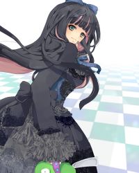 Rule 34 | 10s, 1girl, black dress, blush, checkered floor, chuck (psg), colored inner hair, dress, floor, frills, gothic lolita, green eyes, hair ribbon, highres, lolita fashion, long hair, looking back, multicolored hair, nail art, panty &amp; stocking with garterbelt, ribbon, risou, sleeves past wrists, solo, stocking (psg), striped clothes, striped thighhighs, thighhighs, two-tone hair, wide sleeves
