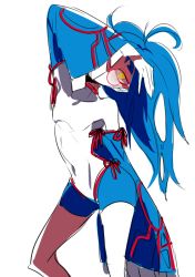Rule 34 | 1girl, bad id, bad pixiv id, blue hair, contrapposto, covered navel, creatures (company), eyeshadow, flat chest, game freak, gen 3 pokemon, glasses, gloves, head tilt, kyogre, kz 609, legendary pokemon, long hair, long sleeves, looking at viewer, makeup, nintendo, personification, pokemon, pokemon rse, red-framed eyewear, red ribbon, ribbon, round eyewear, simple background, sleeves past wrists, solo, standing, turtleneck, unitard, white background, white gloves, wide sleeves, yellow eyes