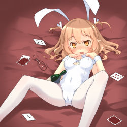 Rule 34 | 1girl, animal ears, armband, bad id, bad pixiv id, bottle, breasts, brown hair, cameltoe, card, chalice, cup, detached collar, fake animal ears, hebinui, leotard, open mouth, orange eyes, original, pantyhose, playboy bunny, playing card, pointy ears, rabbit ears, rabbit tail, short hair, solo, spread legs, tail, twintails, two side up