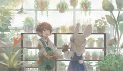 Rule 34 | 1boy, 1other, :d, androgynous, animal ears, brown eyes, brown gloves, brown hair, brown headwear, commentary, cowboy shot, day, facing away, final fantasy, final fantasy xiv, flower, furry, furry male, gloves, greenhouse, grey shirt, hanging plant, highres, holding, holding plant, indoors, lalafell, lamp, leaf, looking at another, loporrit, male focus, omori hakumai, open mouth, overalls, plant, pointy ears, potted plant, pouch, rabbit ears, rabbit tail, red flower, shelf, shirt, short hair, smile, standing, tail, turban, warrior of light (ff14)
