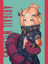 Rule 34 | 1girl, abigail williams (fate), abigail williams (traveling outfit) (fate), absurdres, black bow, black jacket, blonde hair, blue eyes, bow, candy, character name, closed mouth, commentary request, crossed bandaids, di yi xing zian, dress shirt, fate/grand order, fate (series), food, green background, hair bow, hair bun, heroic spirit traveling outfit, highres, holding, holding candy, holding food, holding lollipop, jacket, lollipop, long hair, long sleeves, looking at viewer, official alternate costume, open clothes, open jacket, open shirt, orange bow, parted bangs, red background, shirt, single hair bun, sleeves past fingers, sleeves past wrists, solo, suction cups, tentacles, two-tone background, white shirt