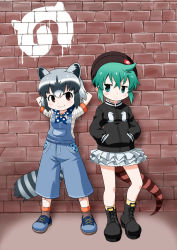 Rule 34 | 2girls, against wall, akou roushi, alternate costume, animal ears, arms behind head, arms up, bare arms, bare legs, black hair, brick wall, brown eyes, cardigan, casual, closed mouth, common raccoon (kemono friends), contemporary, extra ears, fang, fang out, frilled skirt, frills, full body, graffiti, green eyes, green hair, grey hair, hair between eyes, hands in pockets, hat, japari symbol, kemono friends, leaning back, long sleeves, microskirt, multicolored hair, multiple girls, overalls, pocket, raccoon ears, raccoon tail, shirt, shoes, short hair, short sleeves, sidelocks, skirt, smile, snake tail, socks, standing, standing on one leg, tail, tsuchinoko (kemono friends), v-shaped eyebrows, wall, white hair, zipper