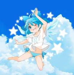 Rule 34 | 1girl, alternate costume, bad id, bad pixiv id, bare legs, barefoot, berry jou, blue eyes, blue hair, blue panties, blue sky, bow, circled 9, cirno, clothes writing, cloud, day, hair bow, ice, ice wings, matching hair/eyes, no pants, one eye closed, open mouth, panties, shirt, short sleeves, sky, smile, solo, star (symbol), striped clothes, striped panties, touhou, underwear, wings, wink
